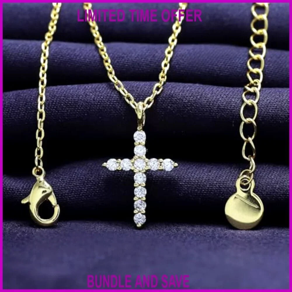 18K Gold Plated Moissanite Cross Pendant Necklace 16+2 Inch Extender